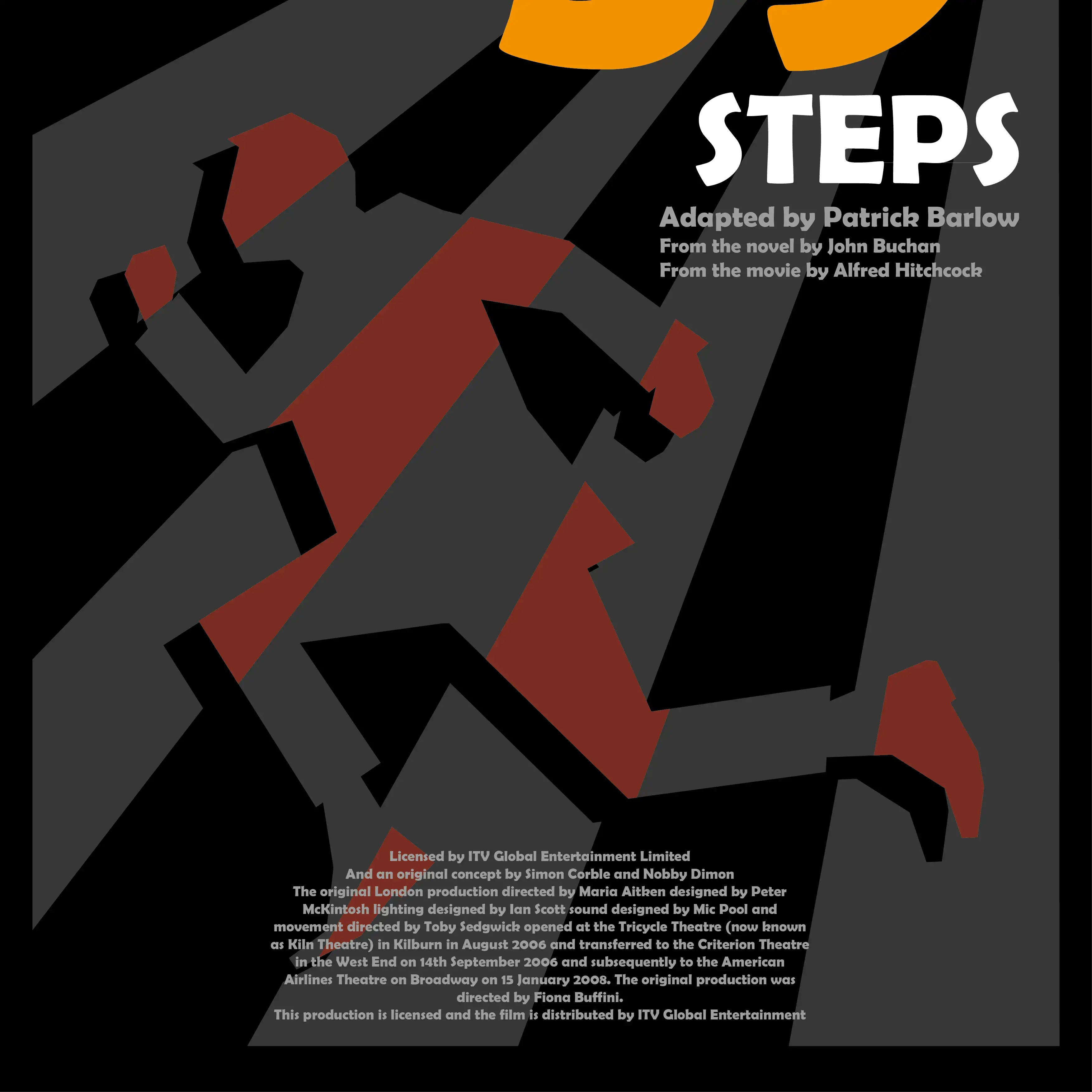 A graphic of a man running made out of grey and red stripes